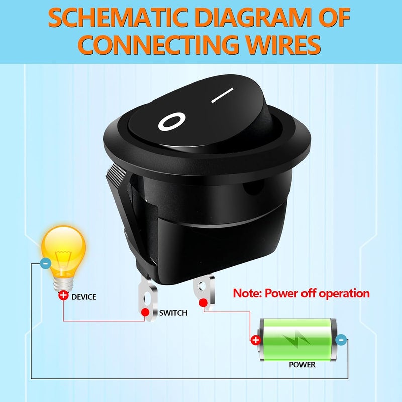 SDAQGE 12 Volt Round Rocker Switch,6Pcs Round Toggle Switch with Link Line 2Pin Snap-in Design Wires Pre-Wired Ac 6A/250V 10A/125V 12VDC for Car Truck Marine Boat Rv Vehicle 6PCS - Image 5